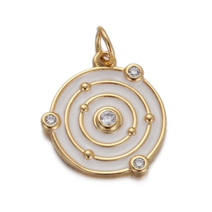 Detailed close-up of a round gold pendant featuring white enamel and sparkling zircons