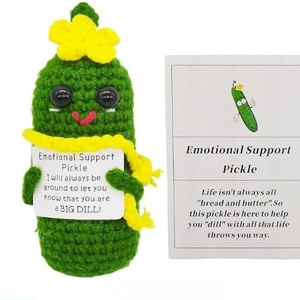 Handmade crochet positive pickle doll with supportive message card for stress relief