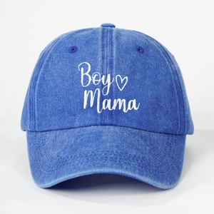 Blue washed denim baseball cap featuring white Boy Mama embroidery and heart detail