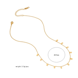 Detail of gold geometric necklace with rectangular pendants and length specifications