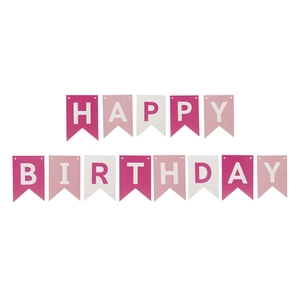 Pink and white Happy Birthday fishtail banner for party decoration with gold lettering