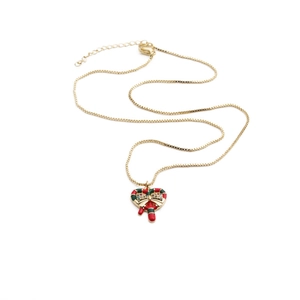 Gold chain necklace with a red and green striped heart pendant and sparkling rhinestones