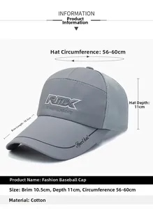 Detailed size chart of a breathable grey mesh baseball cap with 10.5cm long brim