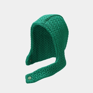 Green quilted winter balaclava hat with fishtail stitching and chin button closure