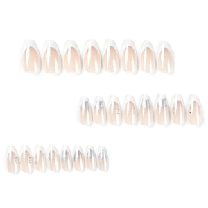 French white almond press-on nails with silver stars and rhinestones set of 24