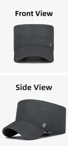 Front and side views of a dark grey cadet hat with metal detail and stitched brim