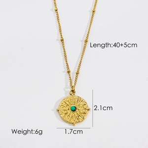 Detailed dimensions of 14k gold starburst necklace with natural green stone pendant