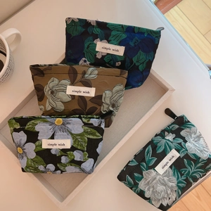 Detailed macro view of four mini jacquard coin purses with textured floral patterns
