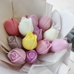 Detailed close-up of handmade tulip and rose soap bouquet with multicolored flower heads
