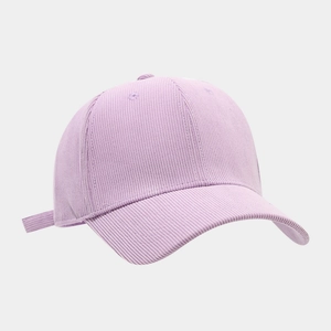 Detail of lavender pinstripe corduroy baseball cap showing texture and six-panel design