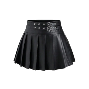 High-waisted black PU leather pleated mini skirt with double buckle belt and A-line fit