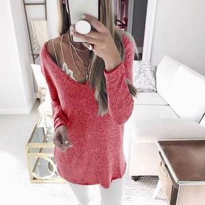 Women's V-neck long sleeve knit top in red heather texture with lace trim detail