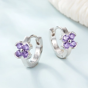 Elegant S925 sterling silver U-shaped hoop earrings with purple flower zircon design