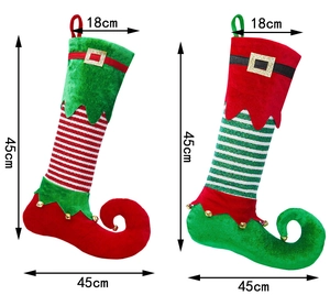 Elf-style Christmas stocking with bells, showing dimensions 45cm height and 18cm width