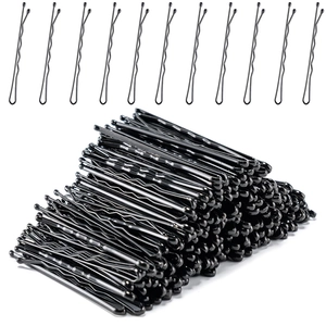 Minimalist black metal hair pins set for styling, shown in bulk and single arrangement