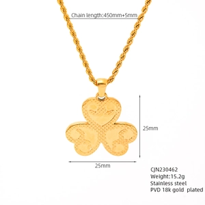 Detail of 18K gold plated stainless steel clover pendant with textured heart leaves