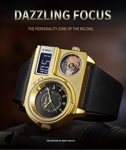 Macro shot of Oulm sports watch gold metal dial with world map and digital display