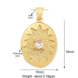 Technical dimensions of gold oval zircon pendant with starburst texture and size specs