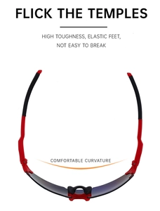 Detail of red and black sports sunglasses showing flexible temples and ergonomic design