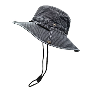 Retro washed grey cotton sun hat with adjustable drawstring for outdoor camping and hiking