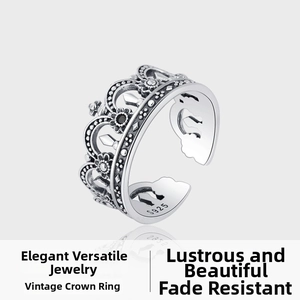 Macro shot of S925 sterling silver stamp on vintage crown ring with black gemstones