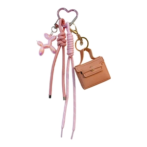 Pink PU mini bag keychain with heart-shaped clip and cute balloon dog charm