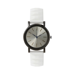 Minimalist quartz watch with white textured silicone strap and silver sunray dial