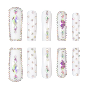 Extra long white press-on nails set with luxury iridescent rhinestones and gems