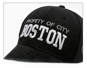 Detailed close-up of white 3D embroidery on a black cotton baseball cap with Boston logo