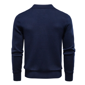 Detailed back view of navy blue long sleeve knit cardigan with premium ribbed texture