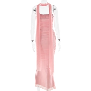Pink ruched bodycon dress with matching neck scarf detail on invisible mannequin