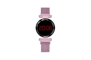 Detail of pink digital watch with Milanese magnetic strap and circular LED display