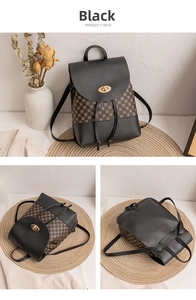 Three-angle views of a black flap backpack with geometric print and gold twist-lock