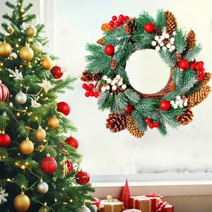 Detailed Christmas wreath featuring pine needles, cones, and berries for holiday home decor