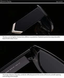 Close-up of square sunglasses with silver V-shaped metal hinge detail and thick black frame
