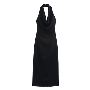 Elegant black satin halter midi dress featuring a cowl neck and smooth glossy finish