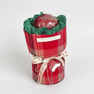 British plaid fabric wrapped Christmas apple gift with festive ribbon on white background