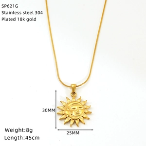 Detail of 18K gold plated stainless steel sun tarot pendant with dimension specifications