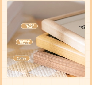 Detail of white oak, natural wood, and coffee photo frames showing wood grain texture