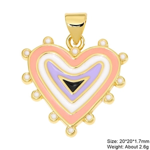 Macro detail of colorful enamel heart charm with gold trim and size specifications