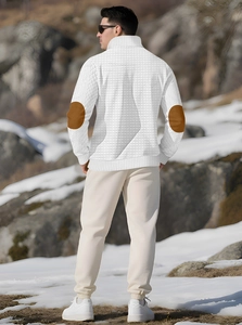 Rear view of white waffle knit pullover featuring brown faux leather elbow patches for men