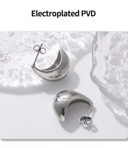 Macro shot of silver crescent-shaped PVD plated stainless steel earrings on ice