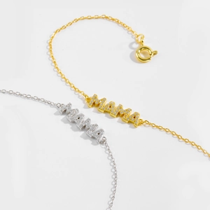 Elegant S925 silver MAMA letter bracelets in gold and silver finish with crystal stones