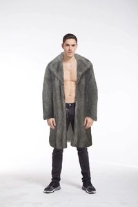 Close-up of premium gray faux fur texture and large lapel design on men's long winter coat