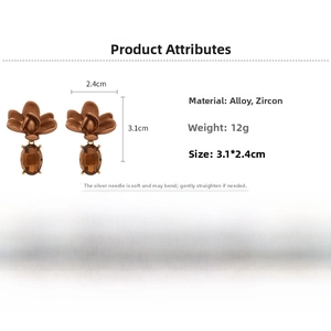 Detailed specs of flower zircon earrings showing 3.1x2.4cm size and 12g weight