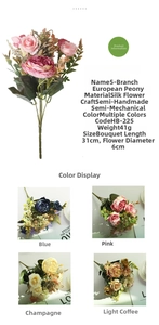 Detailed specs of 5-head faux peony bouquet showing 31cm length and 6cm flower diameter