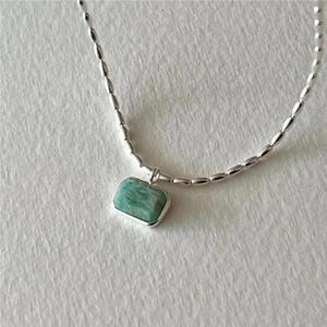 925 Sterling Silver Necklace With Rectangular Green Natural Stone Amazonite Pendant Elegant Minimalist Jewelry For Women