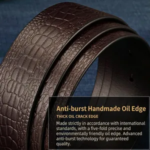 Dark brown genuine leather belt with crocodile pattern and thick oil edge finish