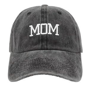 Detailed embroidery of MOM text on washed cotton dark grey vintage baseball cap