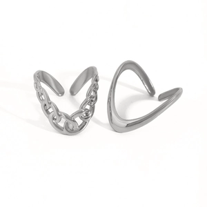 Minimalist silver stainless steel ear cuff set with chain design and smooth curved lines